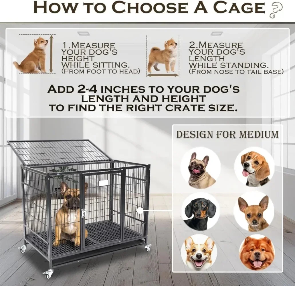 36 Inch Stackable Metal Heavy Duty Dog Crate Cage Medium Sized Dog with Top Access and Lockable Wheels, 2 Door Dog Kennel Indoor