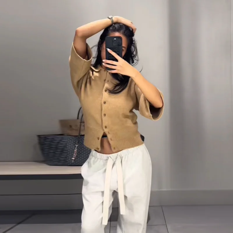 

Casual Knitted Cardigan Button Solid Color Simple Basic Tops Versatile Trendy Fashionable Retro Classic Autumn Women's Outerwear