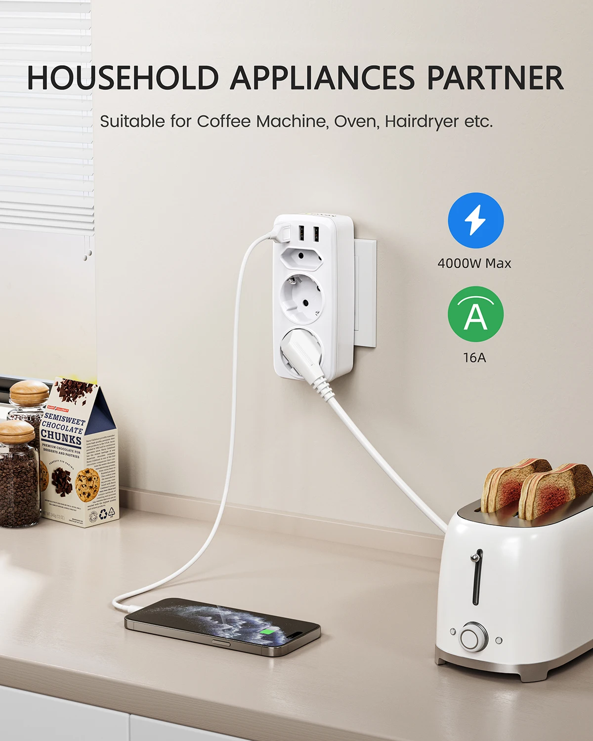 LENCENT EU Plug Multi Wall Socket Extender Power Strip with AC Outlets  USB Ports  Adapter Overload Protection for Home/Office