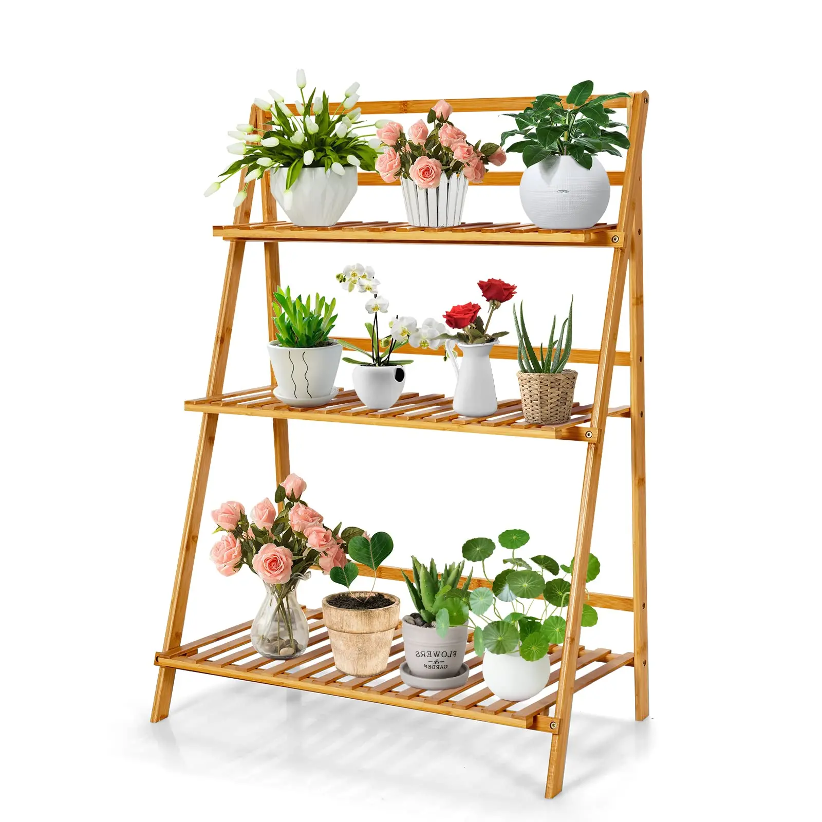 Bamboo Plant Stand, Foldable Multifunctional Flower Display Ladder Shelf, 3-Tier Storage Rack