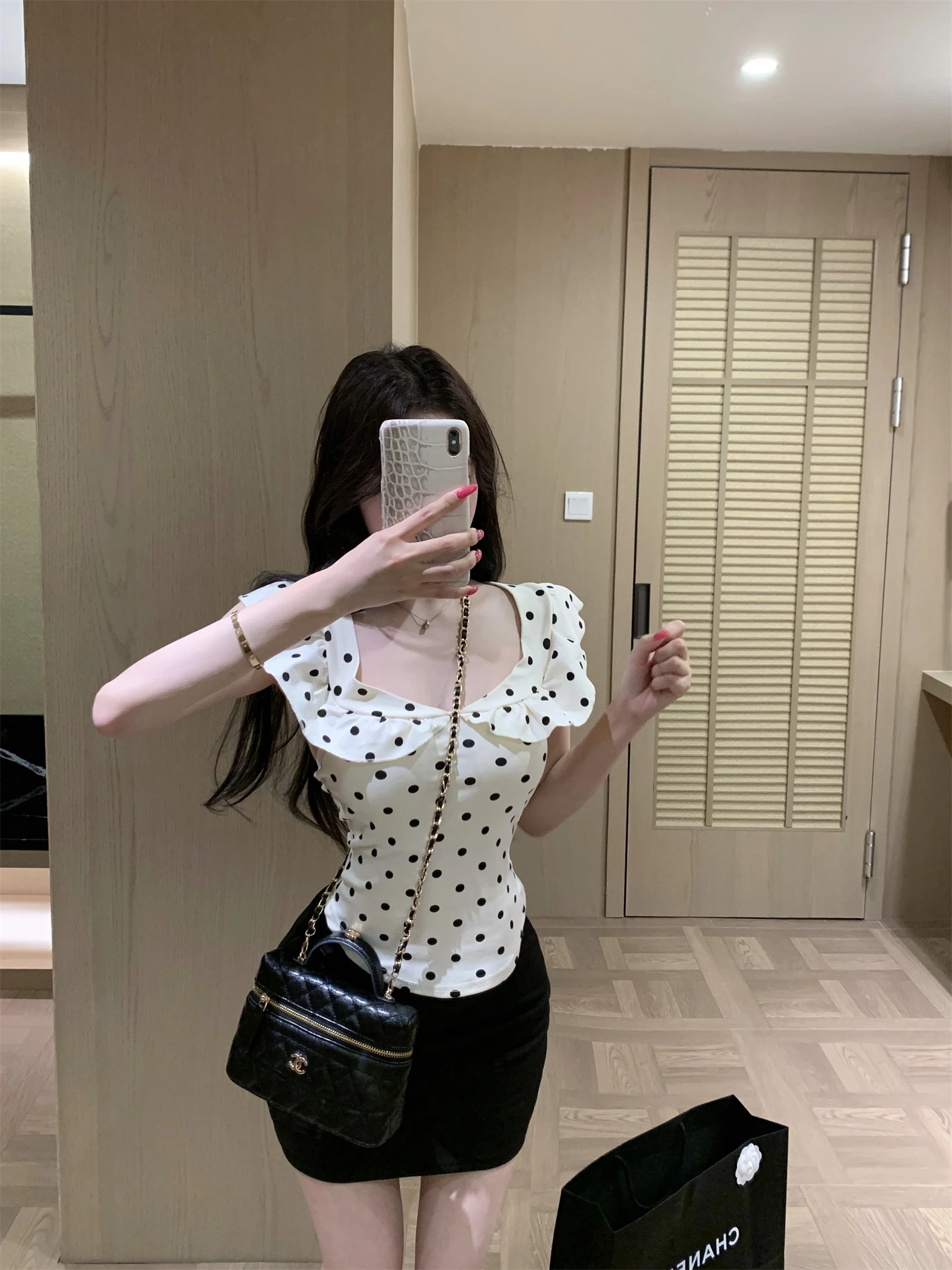 

White Polka Dot Short Sleeve T-Shirt Women's Summer Pure Desire Set Black Bodycon Skirt Short Skirt Two Piece Set Square Collar