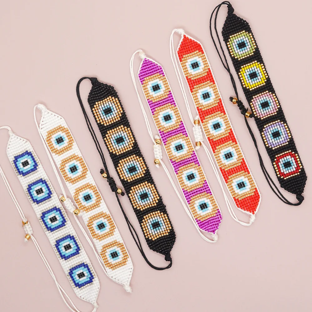 

Beaded bracelet Demon's Eye Square Bohemia Adjustable female Hand-woven Trend Gradient color Pattern Simple Rice bead bracelet