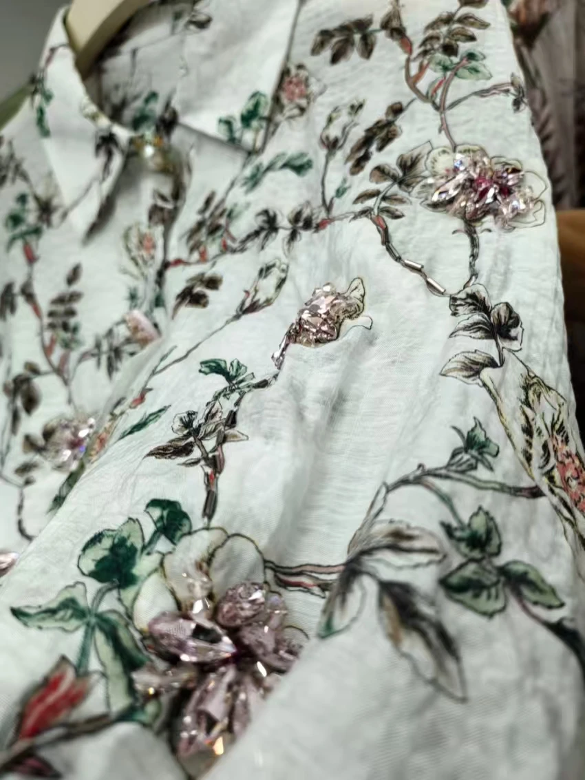 

Comfortable Lightweight Cotton Linen Summer Sparkle Diamonds Crystal Stitch Sunscreen Shirts Blouses Women's Thin Top Clothes