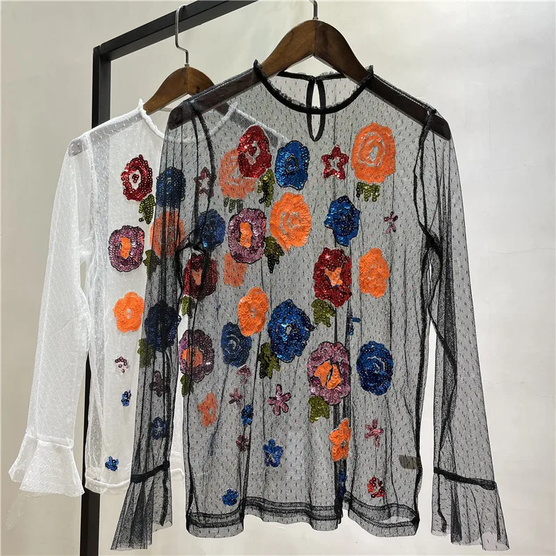 

Womens Mesh Sheer Floral Beaded Sequin T-shirt Long Sleeve Layering Top Mock Neck Lace See Through Shirt Tops Loose Tees T Shirt