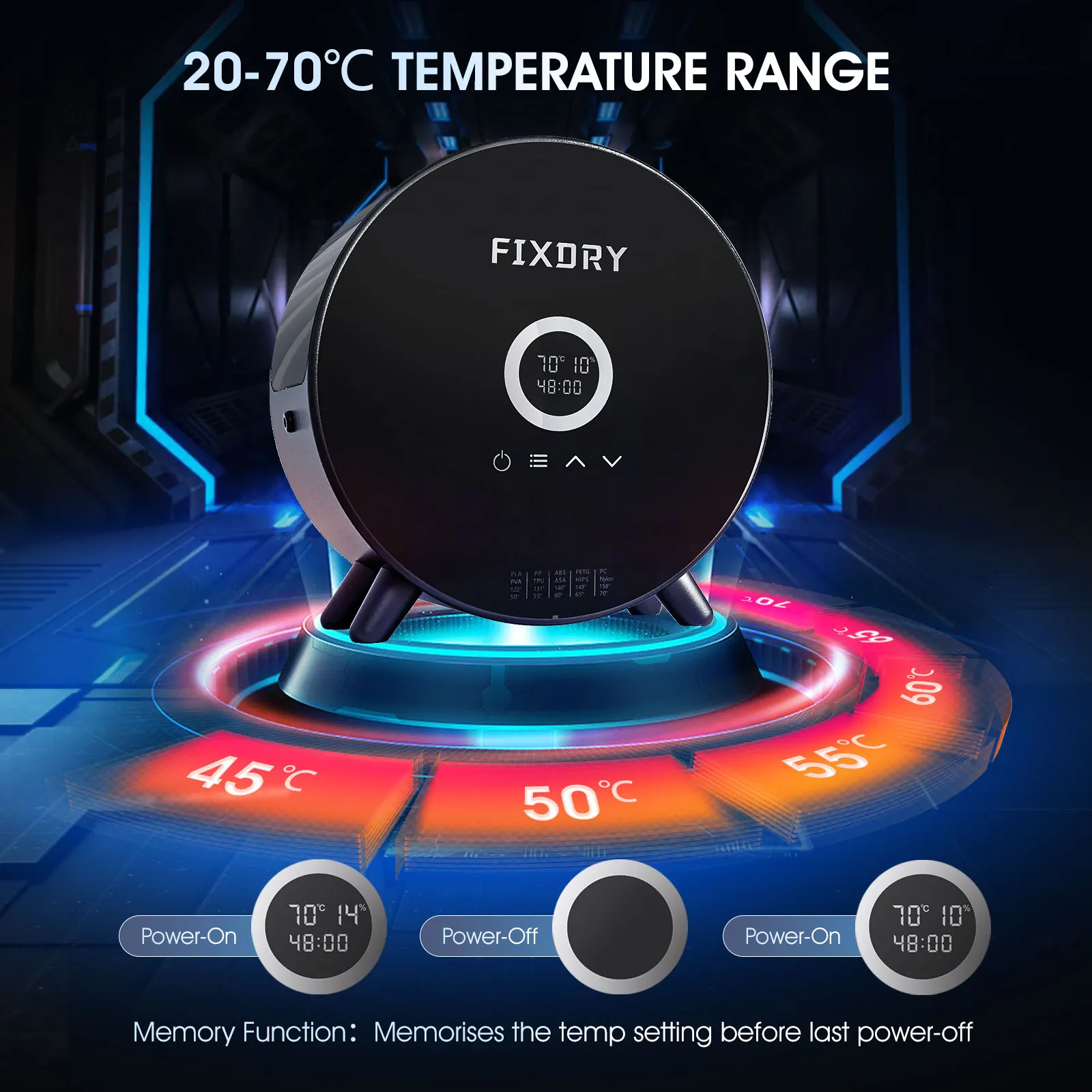 FIXDRY NT2 3D Printer Filament Dryer 1KG Filament Storage Box 360°Surrounding Heating MAX Temperature 70℃ 0-48h Time Setting