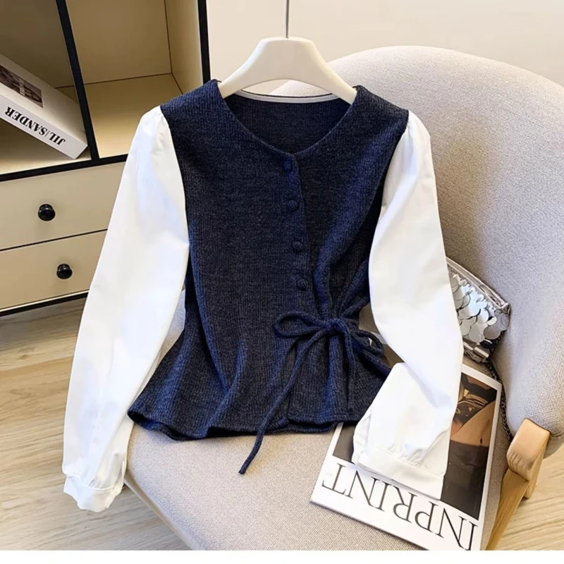 Korean Irregular Contrast Patchwork Lacing Shirts Spring Autumn Long Sleeve Two Casual T Shirts Fashion Trend Women Clothes