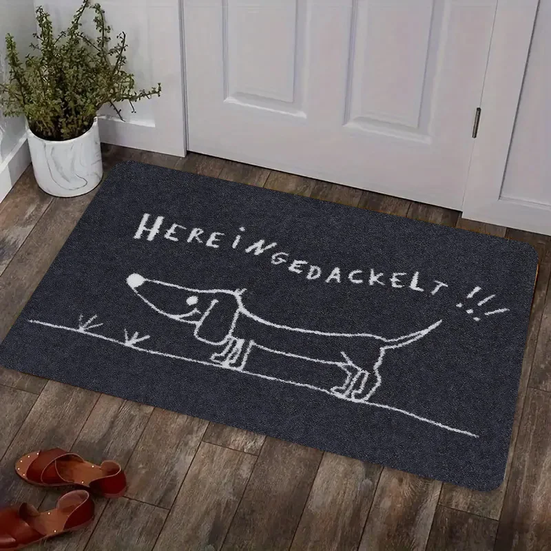 Lustige Dackel-Hund-Fußmatte aus Plüsch-Samt mit Aufdruck „Here I Ngedackelt“ für den Hauseingang, Dekoration für Tierliebhaber