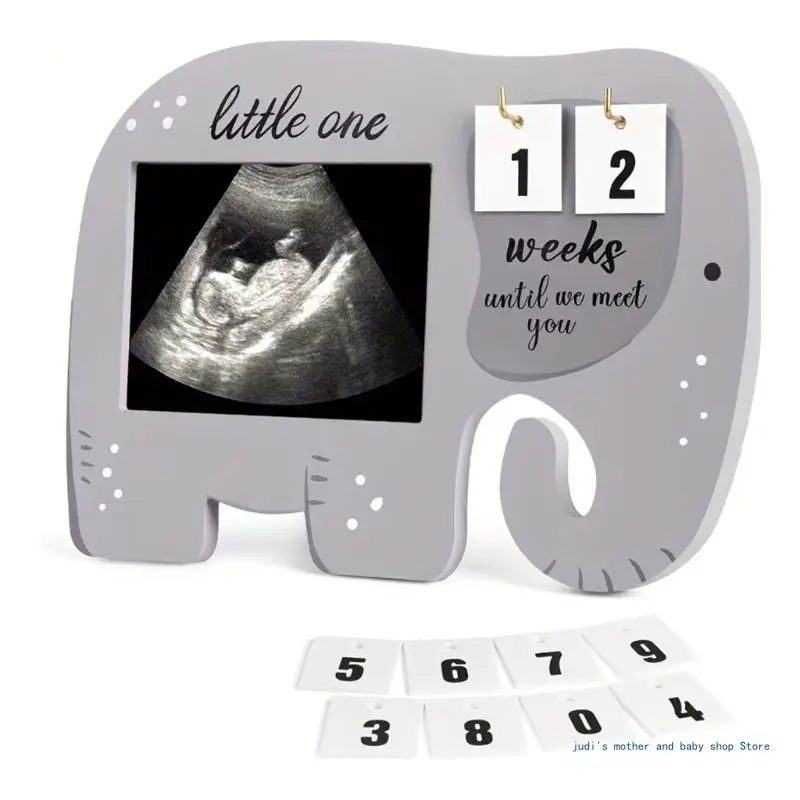 

67JC Baby First Scan Photo Frame Elephant Picture Frame with Countdown Weeks Wooden Unique Mum to be Gift