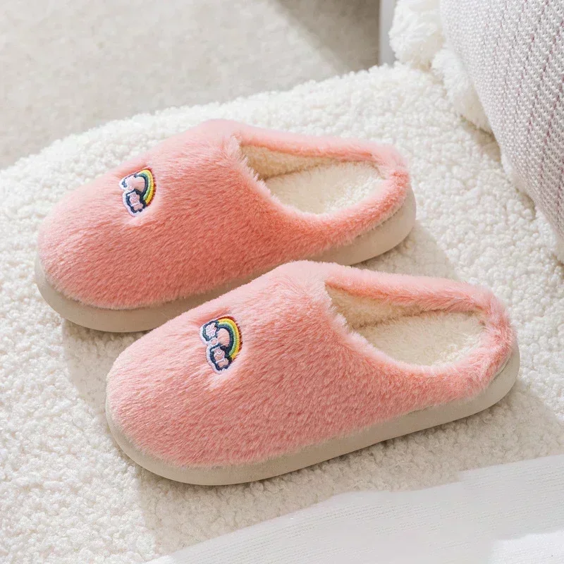 Winter Fleece Slippers Schattige Regenboog Warme Anti-Slip Huis Katoenen Schoenen Comfortabel En Zacht Platform Dikke Onderkant Paar Slippers