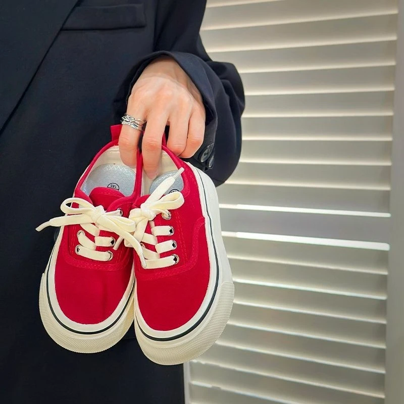 

Korean Style Spring Autumn New Kids Wide Toe Canvas Slip-on Boys Girls Student Red Casual Board Indoor Shoes