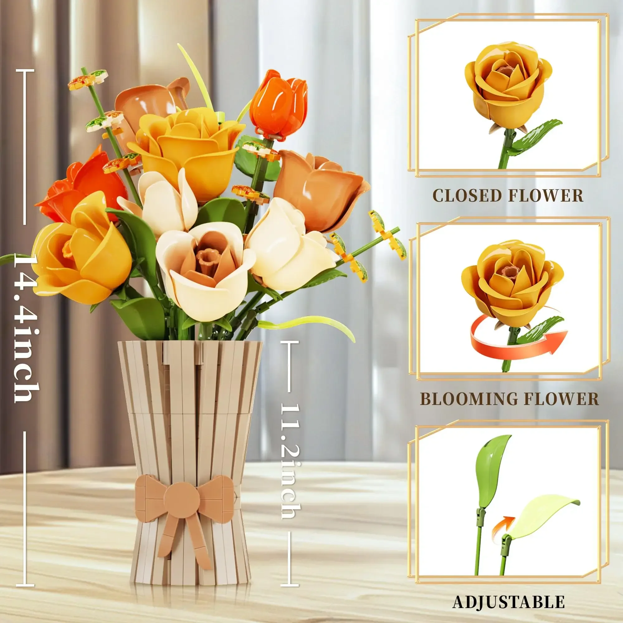 868PCS Rose Bouquet Building Blocks Eternal Flower Vase Bricks Home Decoration Girl Romantic Valentine\'s Day Gifts Kids DIY Toys