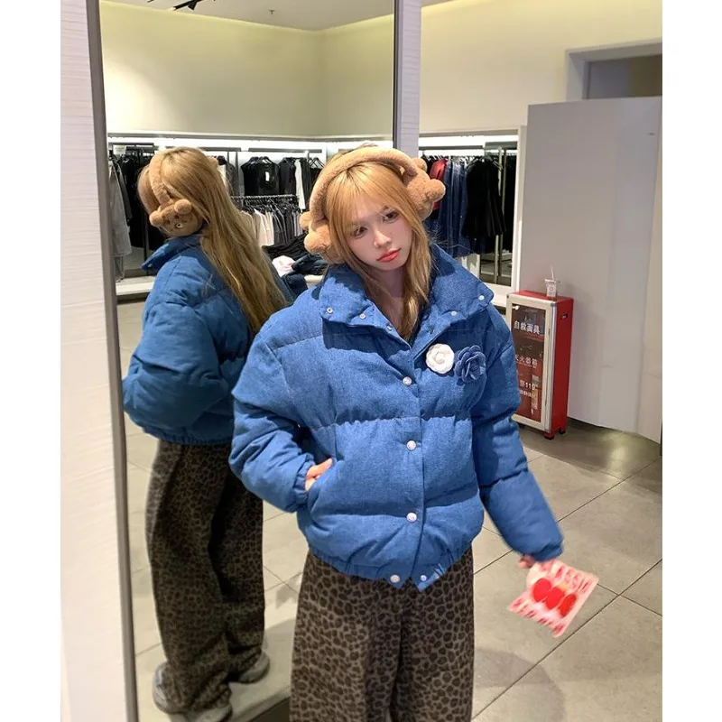 

Retro American Floral Patchwork Embroidery Cotton Jacket Short Blue Unisex Autumn Winter Lazy Style Coat for Men And Women