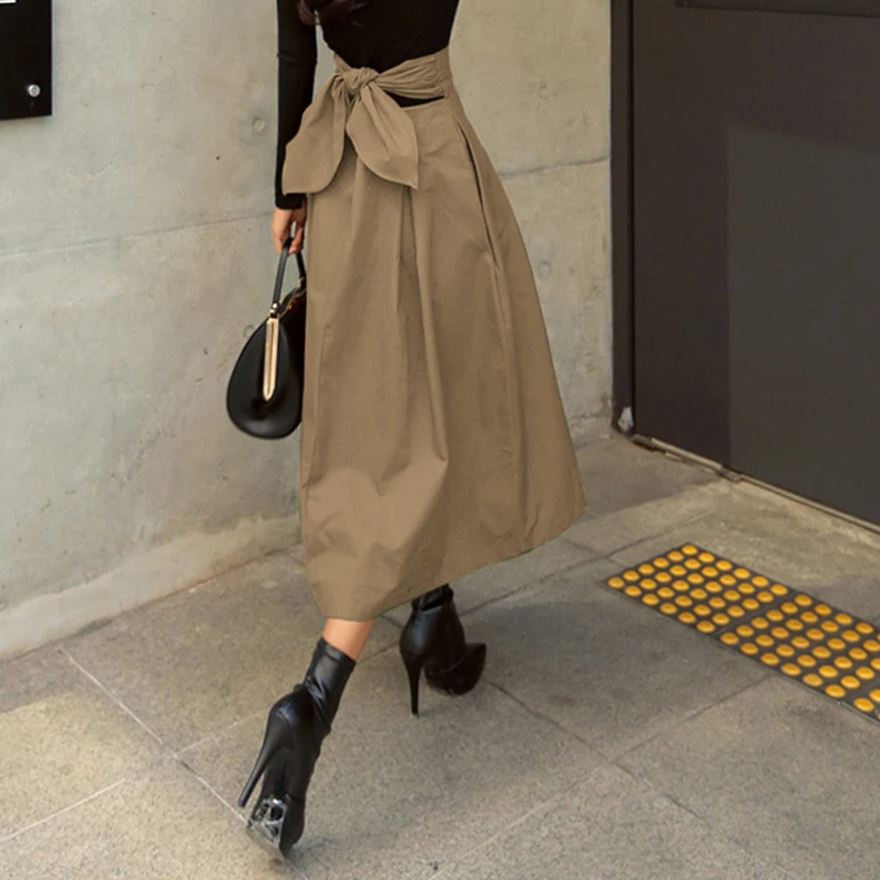 MEXZT High Waist Bow Skirts Women Korean Fashion Solid Big Swing Female A Line Midi Skirts Elegant All Match Slim Skirts