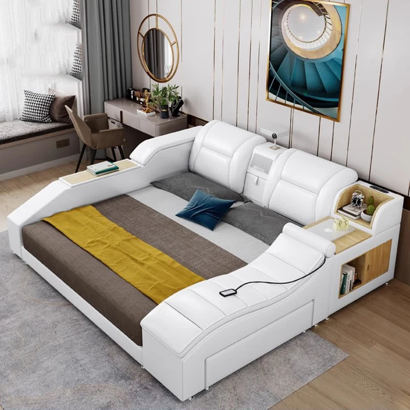 

Floor Upholstered Tatami Bed Nordic Elegant High Profile Bed Unique Massage Cama Inteligente Multifuncional Bedroom Furniture