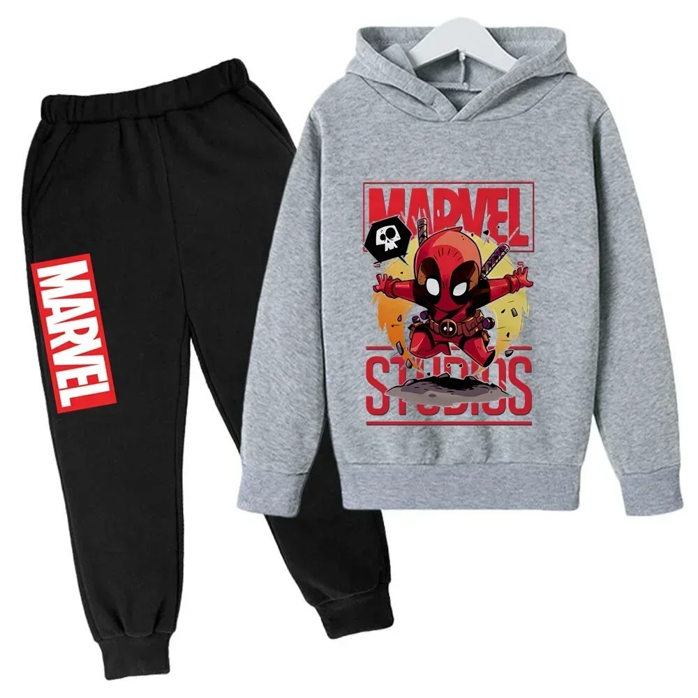 Marvel The Avengers Superhero Deadpool Children Sweatshirt Pant Suit Boy Girl Kid Hoodie 2pcs Set Casual Aesthetic Clothes