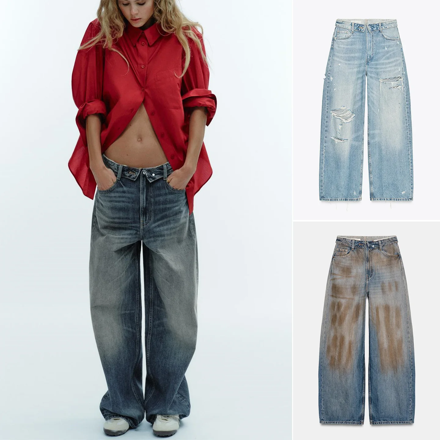 

Spring Summer New Women's Mid-Waist Cuffed Denim Jeans Natural Waist Loose Fit Polyester Fiber Button Closure Casual Style