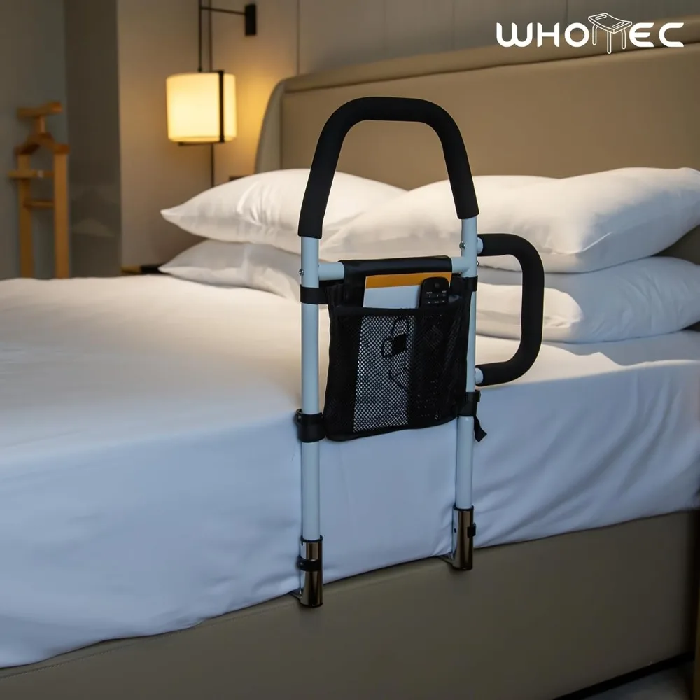 حاجز أمان لسرير المسنين مع قضبان إمساك مزدوجة، وواقي من السقوط وجيب تخزين، يناسب جميع الأسرة القياسية، ويدعم 300 رطل