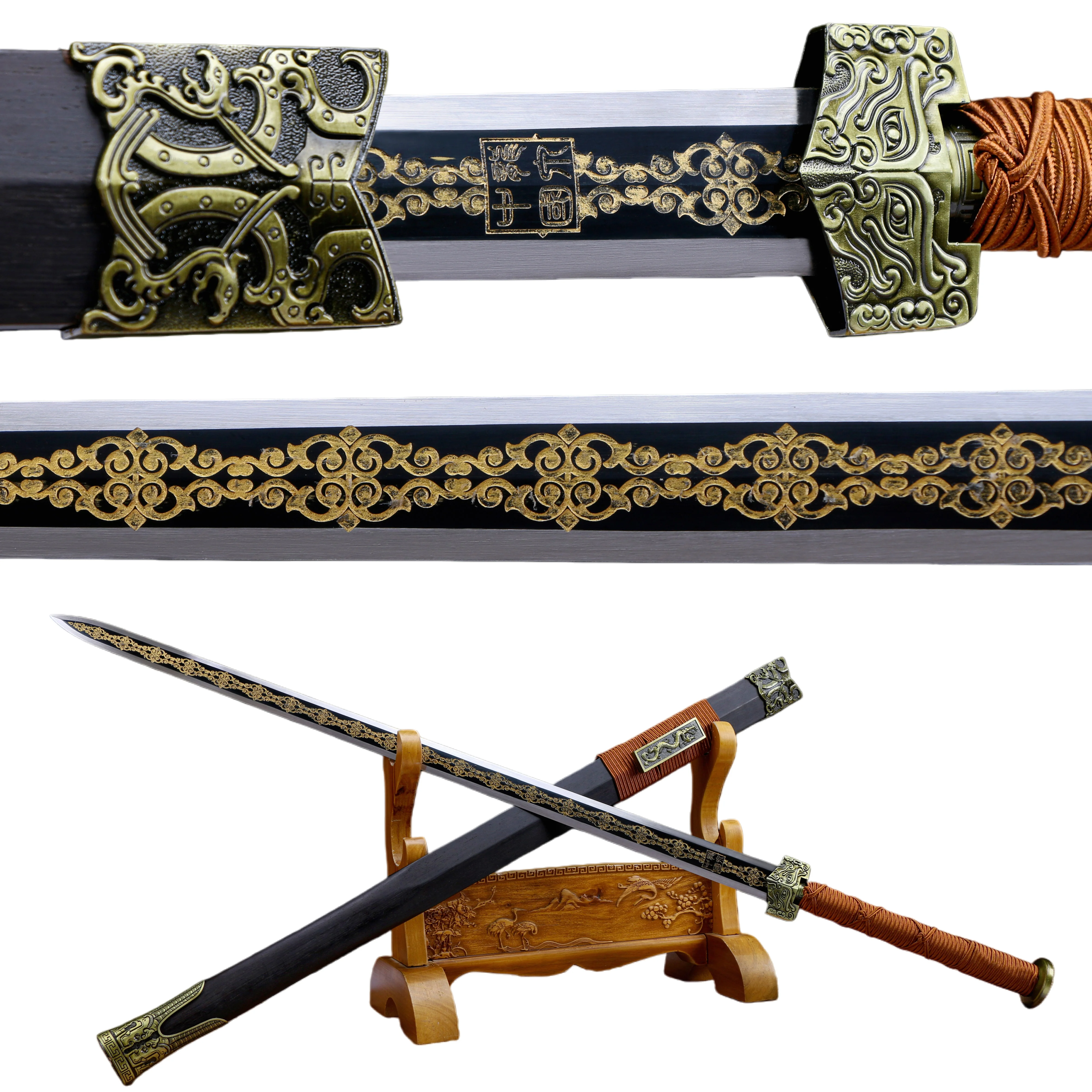 Espada Han de doble dragón chino medieval, hecha de acero auténtico, con pirograbado y polvo de oro negro asado, katana samurai