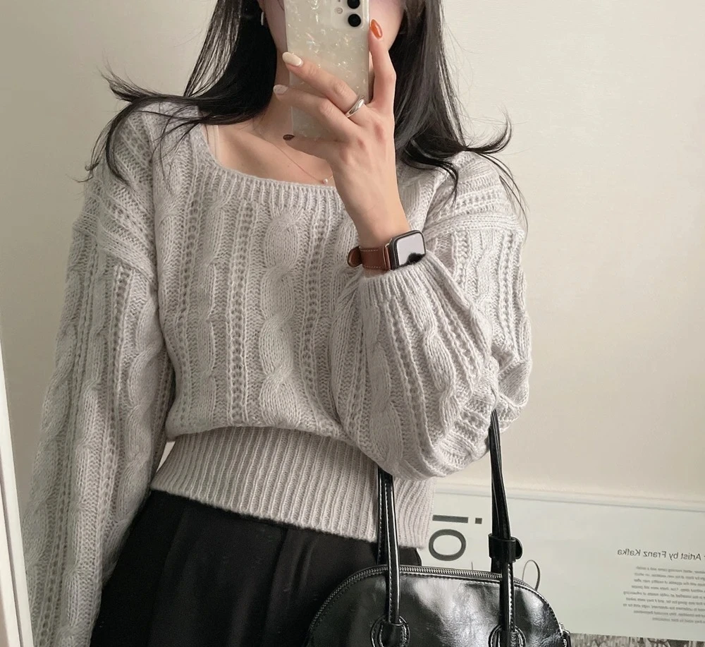 

Spring Autumn Lazy Lantern Color Square Collar Sweater Women Knitted Top Commute Loose Fit Lon