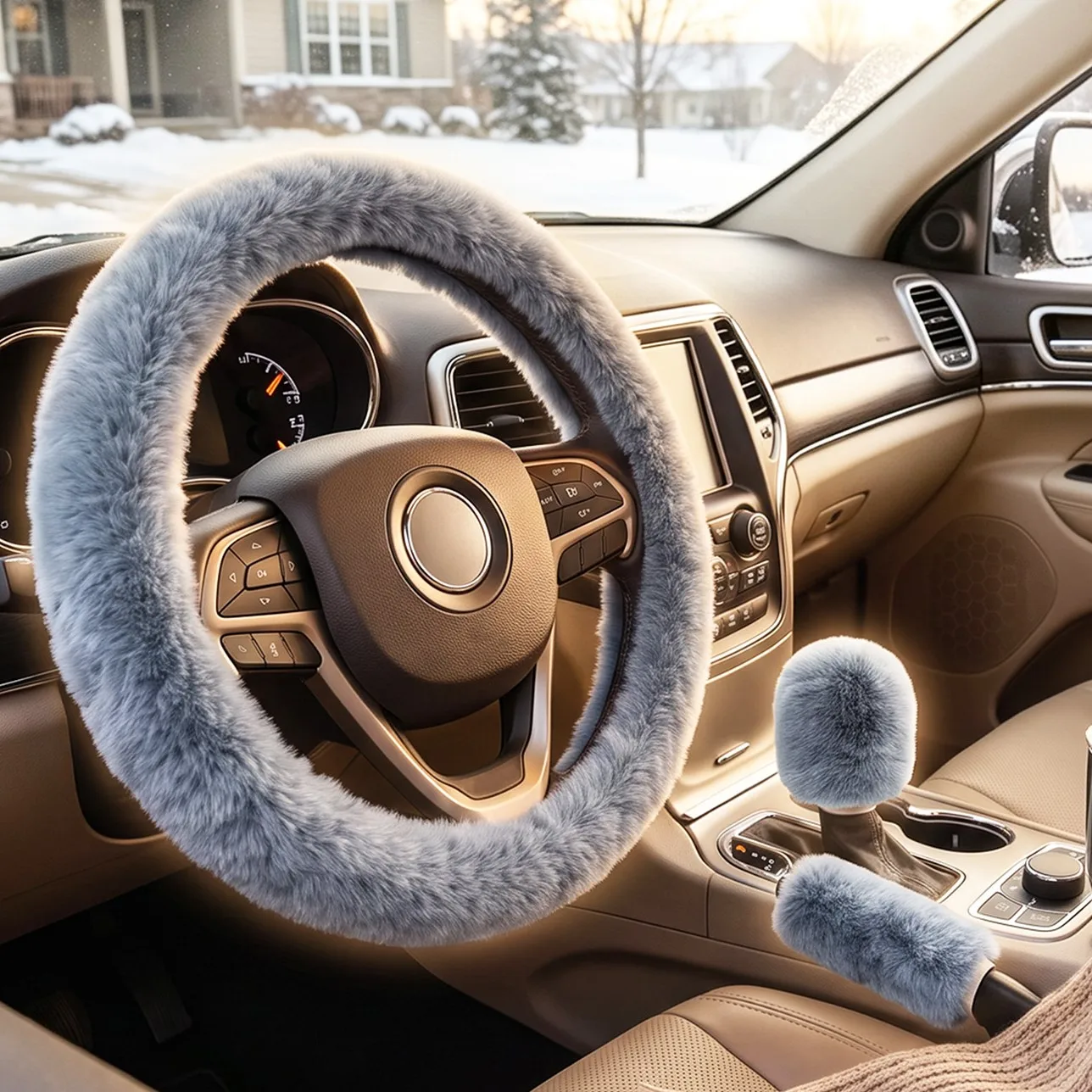 3Pcs/Set Car Steering Wheel Covers Gear Shift Handbrake Cover Winter Warm Fur Case Gear Lever Sleeve Accessories Auto Interior
