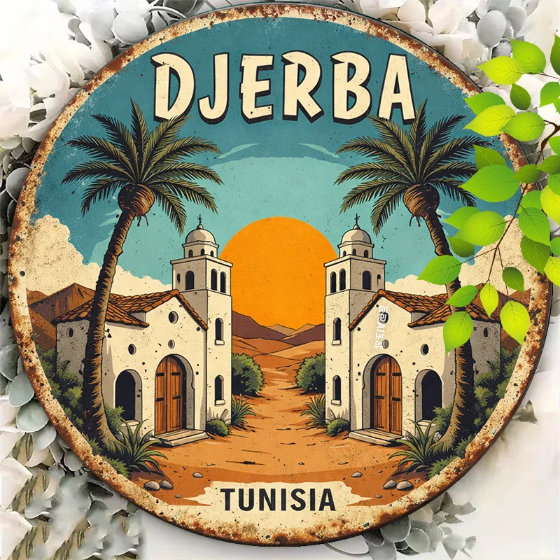 2D Flat,1pc Suitable for Tunisia-Themed Decor Round Sign - Vintage Djerba Tunisia Wall Plaque, African Travel Souvenir for, Cafe