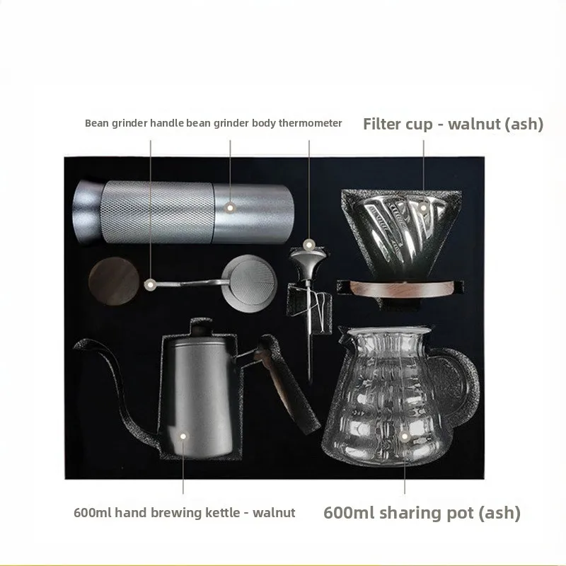 Coffee Brewing Kit with Walnut Accents, 600ml Hand Drip Coffee Pot, Glass Carafe, Manual Coffee Grinder, Dripper & Thermometer