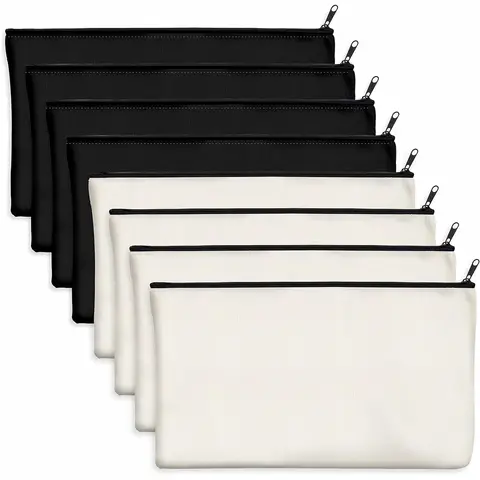 8pcs Blank DIY Craft Bag Canvas Pencil Case Makeup Bags Zipper Pouch- Makeup Bag&Pencil Case For DIY Crafts，School supplies