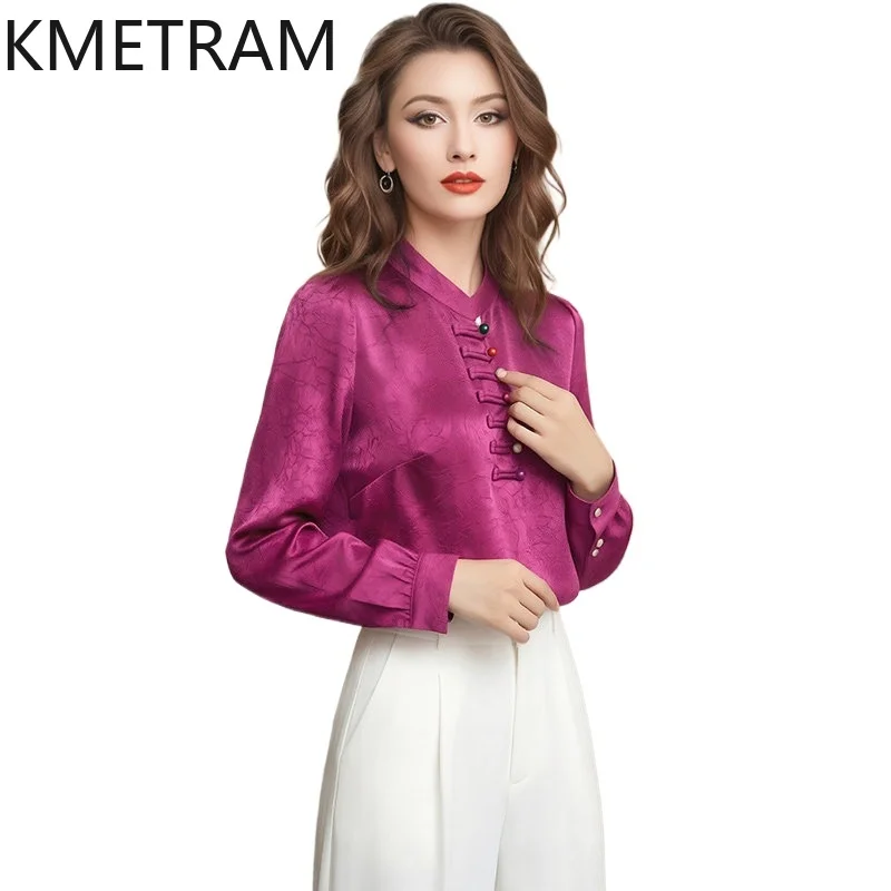 

KMETRAM New Chinese Style Shirt for Woman Fashion Rose Red Blouse Frog Button Spring Ladies Tops 2026 New Women Clothing рубашка