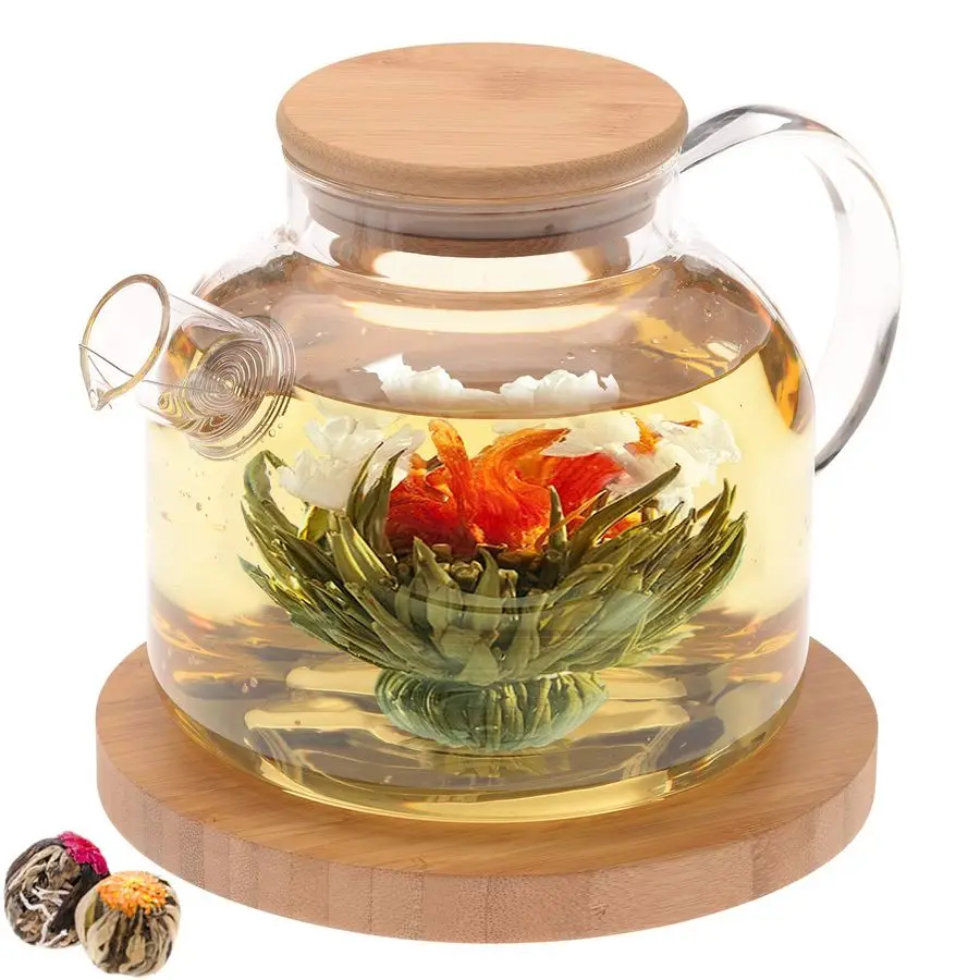 

Stovetop Safe Glass Teapot with Bamboo Lid 40oz 1200ml Loose Leaf Tea Filter Spout 2 Blooming Teas Large Bamboo Trivet Natural F