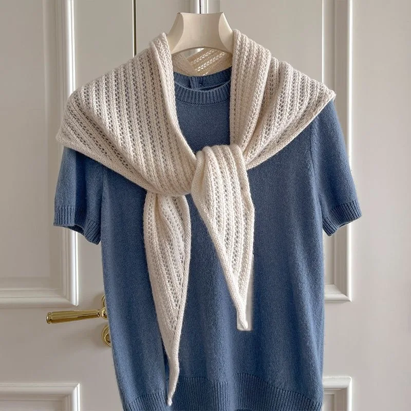 Women Autumn Winter Knit Triangle Shawl Hollow‑Out High‑Grade Yarn Outerwear Warm Multi‑Functional Overlay Scarf