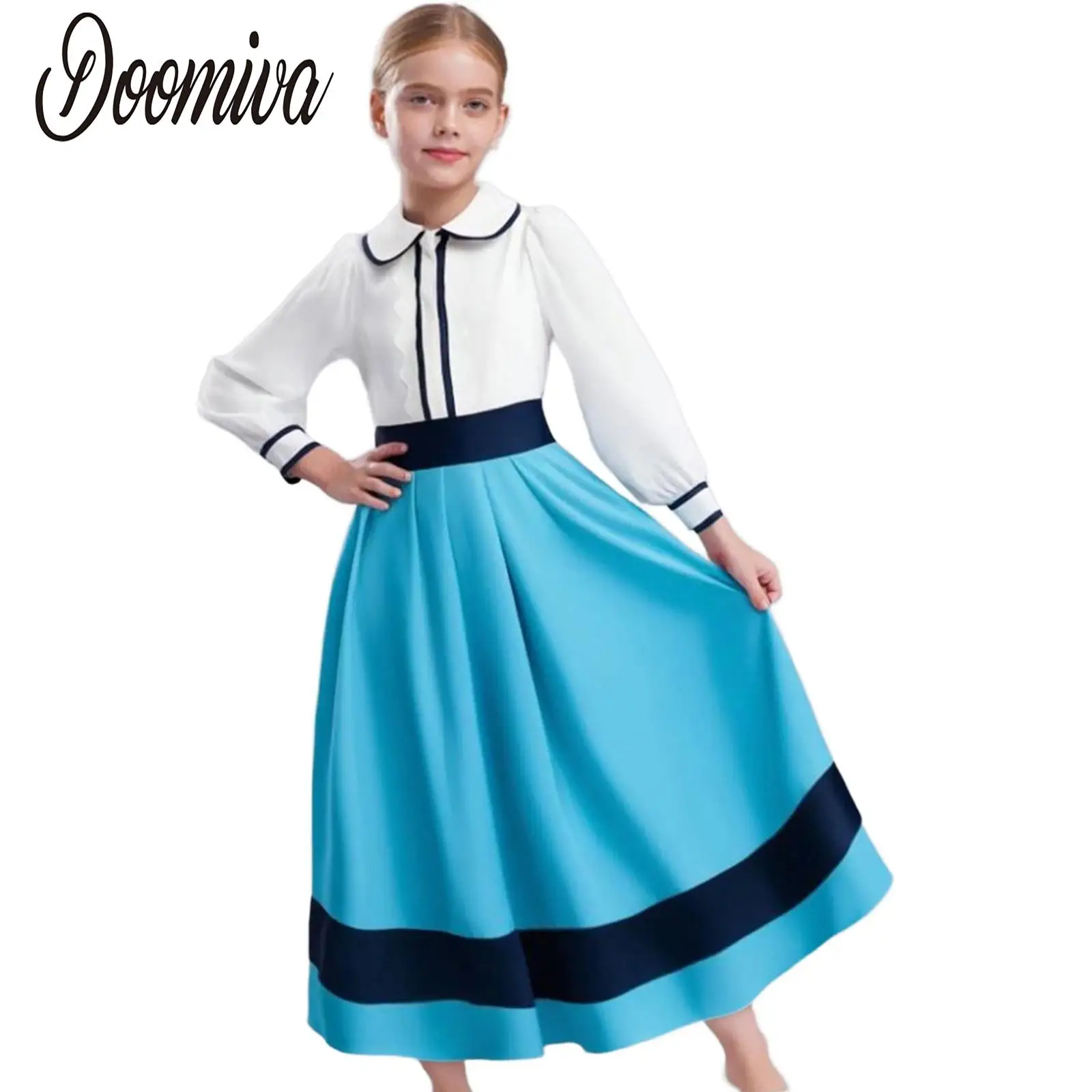 

Kids Girls Pioneer Dress Costume Prairie Outfit Colonial Clothes 1800s Victorian Costume Long Sleeve Lace Trim Shirt and Skirt