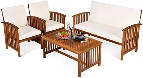 Juego de sofás de madera de acacia para exteriores, 4 piezas, con cojines resistentes al agua, juego de asientos acolchados para patio con mesa de centro para jardín