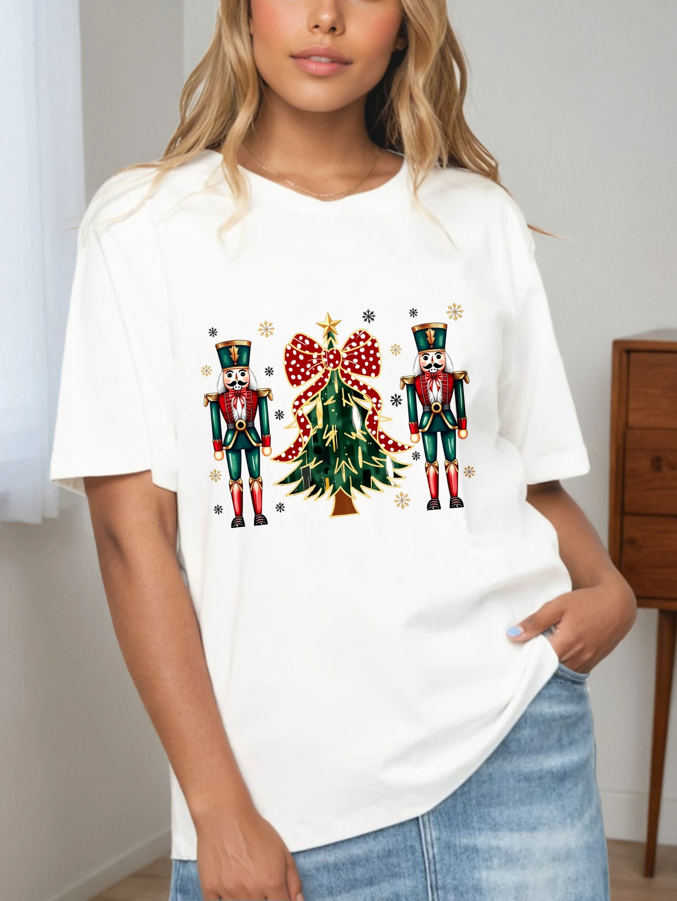 Women's Round Neck Women's All-Season Basic Tees Christmas Nutcracker and Tree Pattern A Stylish and Choice Fun Prints Local