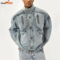 Vintage Denim Jackets Men Slim Solid Casual Jean Coat Stand Collar Moto Biker High Street Distressed Outwears Spring Autumn New