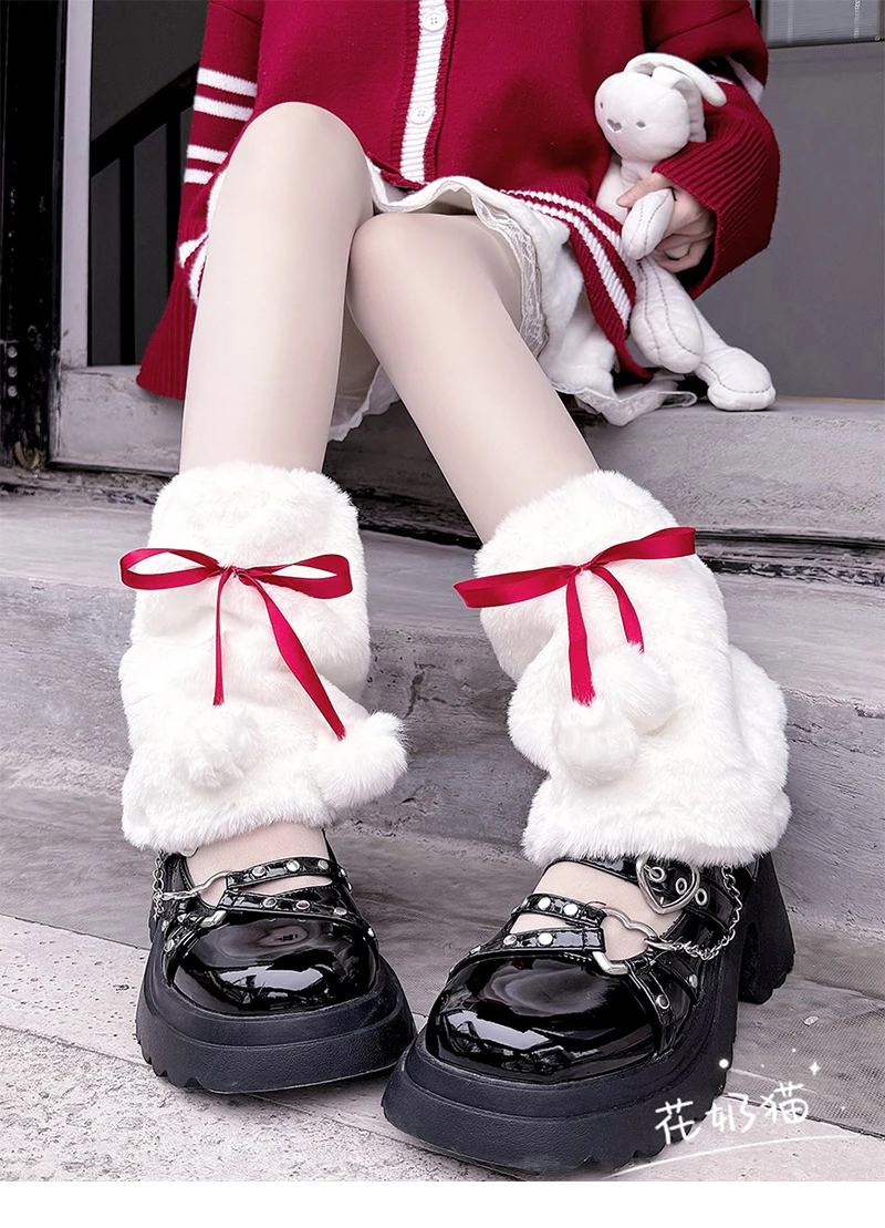 Japanese Style Original Cute Red Bowknot with Pom-Pom Leg Warmers for Women Autumn Winter Thickened Lolita Fuzzy Sock Covers