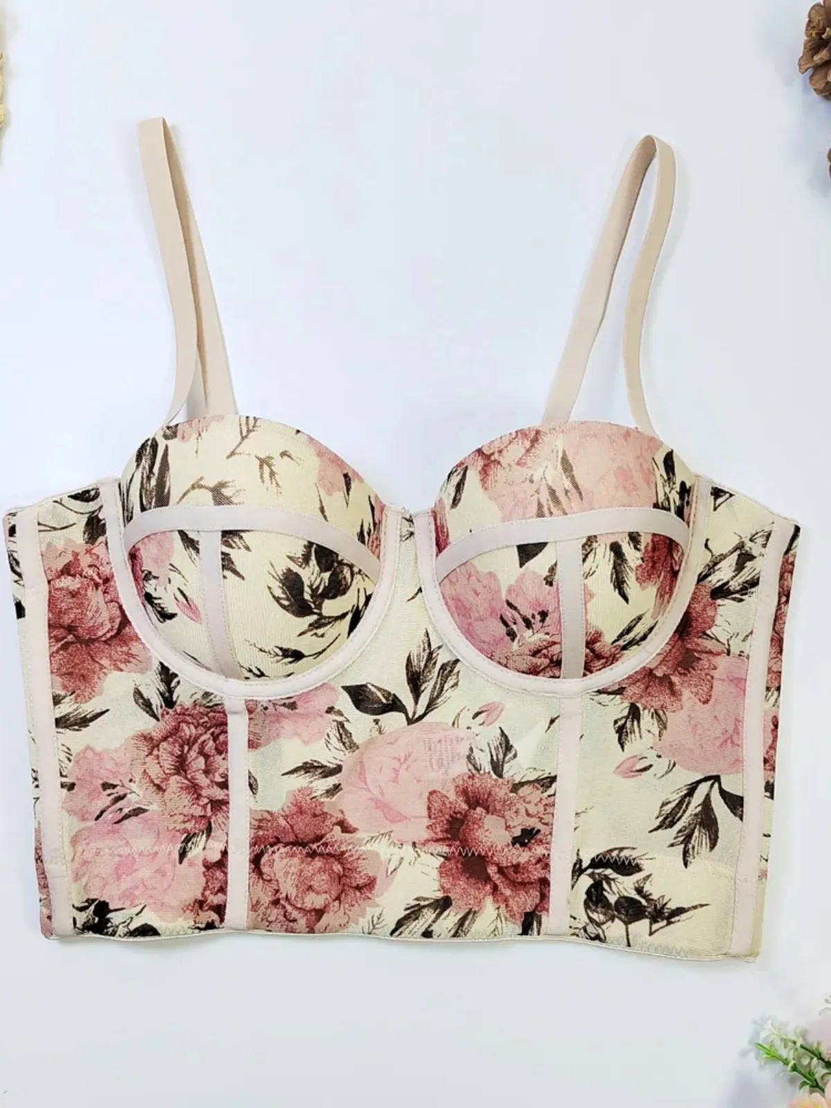 ssTss Women Retro Style Floral Print Camisole 2024 New Fashion Summer Insert Padded Fishbone Push Up Skinny Bustier Corset Bra