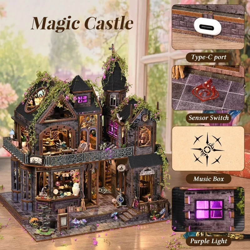 DIY hand-assembled building blocks Book Nook Kit Castle of Magic Wooden DIY Dollhouse Insert 3D Puzzle Decor for Gift