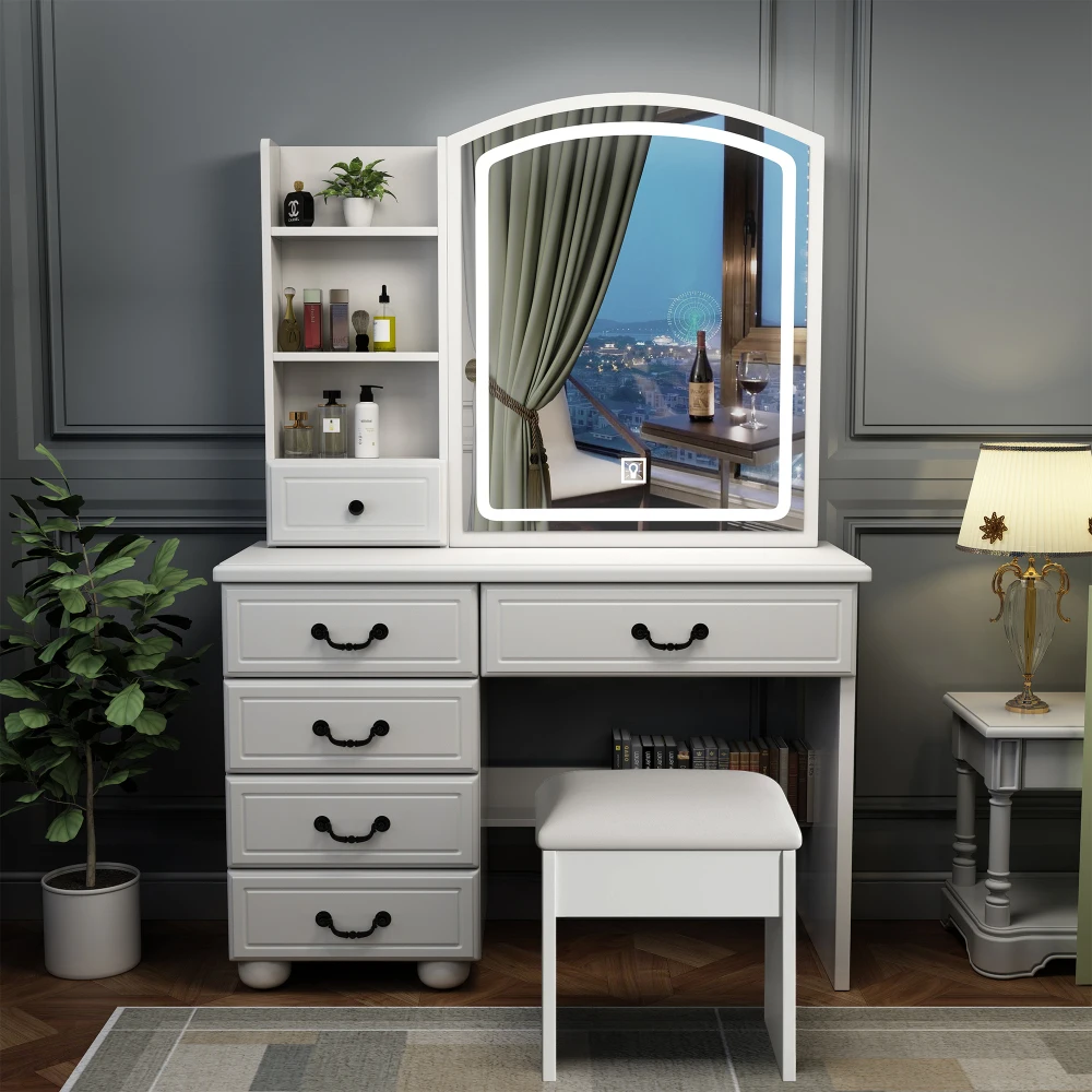 Orraves Fashion Vanity Desk with Mirror and Lights for Makeup, Vanity Mirror with Lights and Table Set with 3 Color Lighting Brightness Adjustable, 6 Drawers, White Color