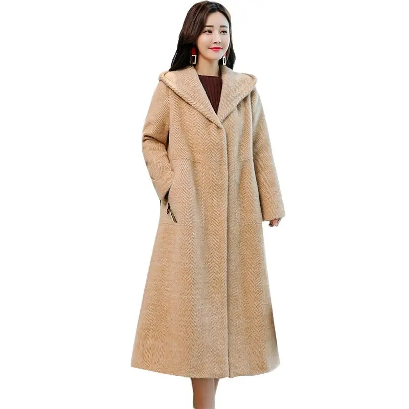 Herringbone patter 2023 autumn and winter new woolen blends fashion temperament elegant hooded solid color