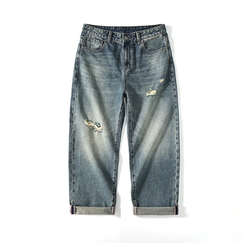 

Wide Leg Jeans Men Baggy Pants Loose Straight Hip Hop Distressed Ripped Male Denim Pants Hollow Out Vintage Men's Trousers