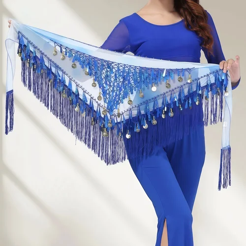Imagen 2 del producto Bufanda triangular de cadera con borlas para danza del vientre para mujer con lentejuelas de monedas falda triangular con cinturón colorido