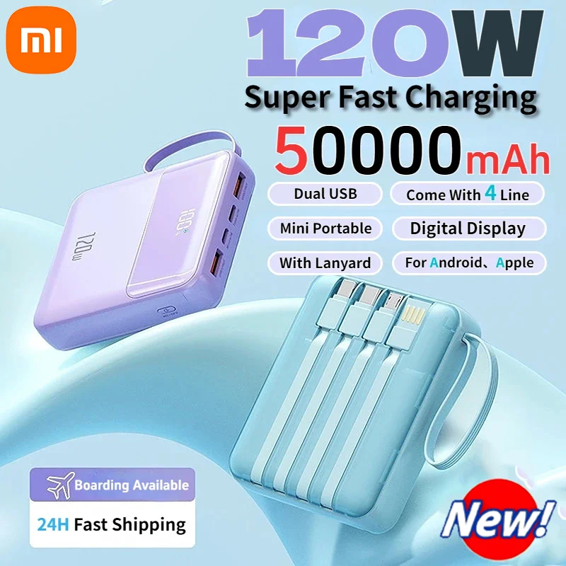 Портативный внешний аккумулятор Xiaomi 50000 мАч, 120 Вт, быстрая зарядка, внешний аккумулятор для мобильных устройств, PowerBank для iPhone Samsung Hot 2025