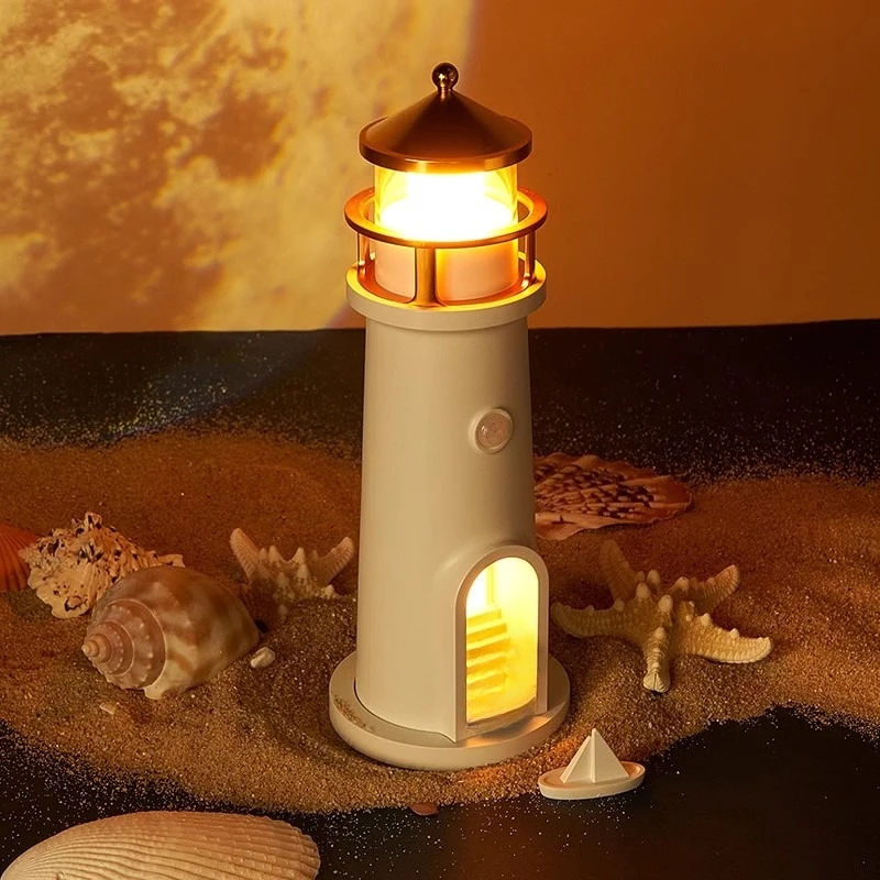 LED Lighthouse Human Body Induction Projection Lamp Moonlight Night Light USB Rechargeable Desk Lamp Bedroom Decor Gifts