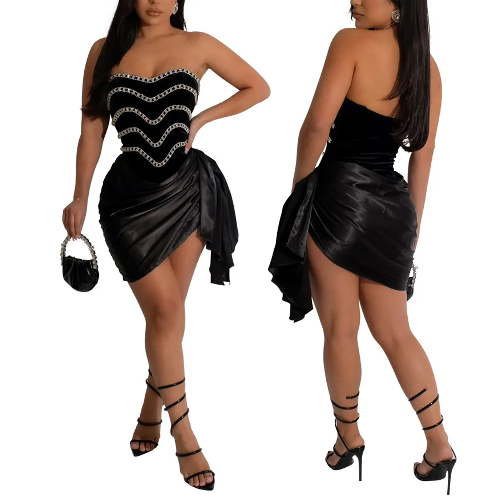 Women Sexy Solid Color Rhinestone Beads Decor Strapless Backless Irregular Bandeau Party Dress