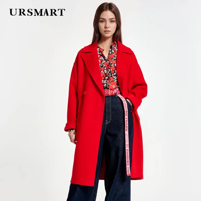 Red medium to long casual women's wool coat customized wool blend for winter warmth plus loose fit simple women's coat