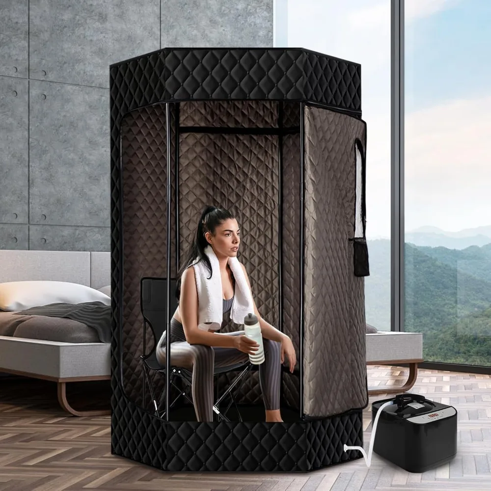 Sauna portátil para el hogar, tienda de Sauna de vapor hexagonal Personal XL de tamaño completo de 6'3 pulgadas con vaporizador de 4L y 1500W, silla con bolsillo,