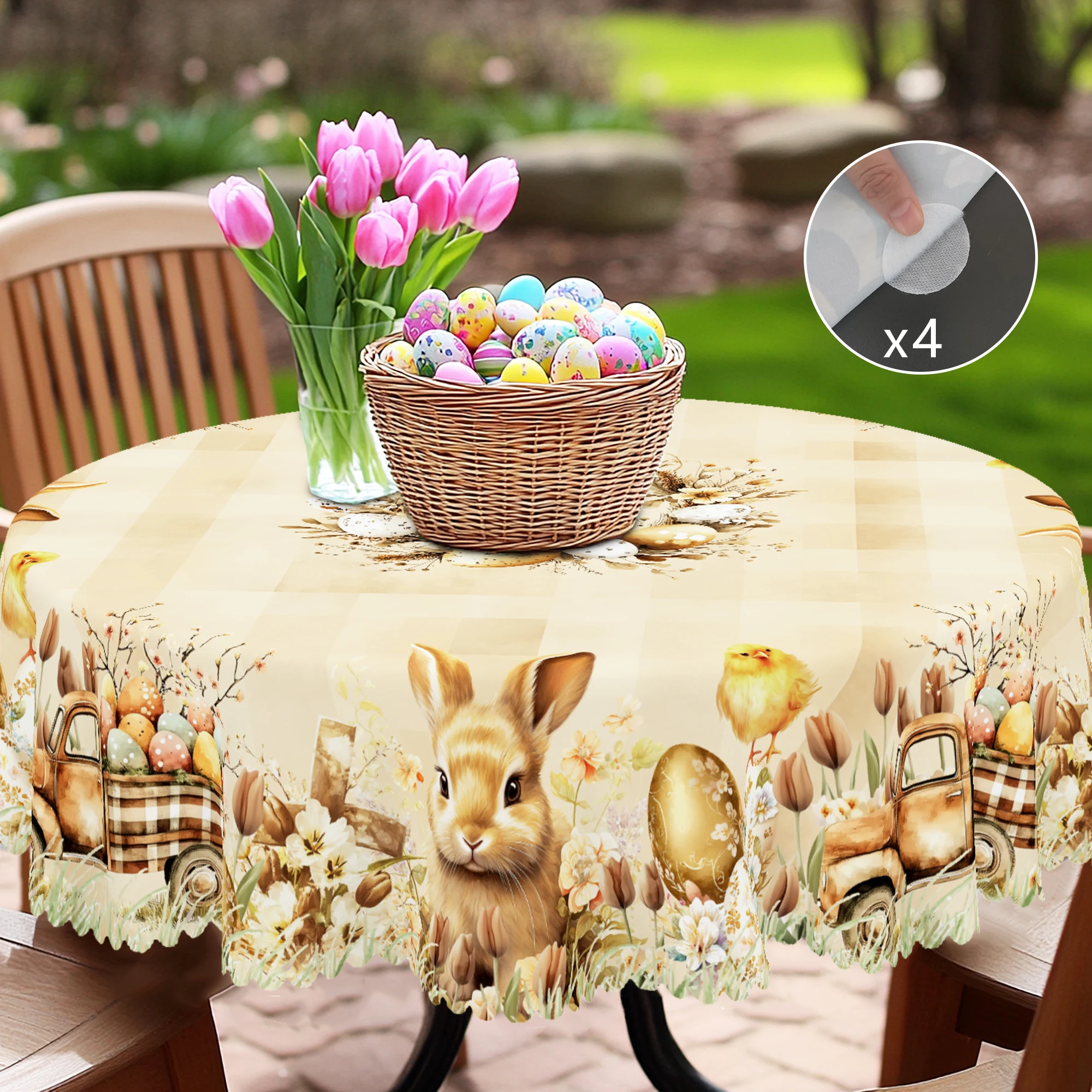 1 Piece Easter Round Tablecloth, Available in Various Sizes, Champagne-Colored Easter Bunny and Egg Print Round Tablecloth, Embossed Edge Craftsmanship, Easter Decoration, Spring Garden Tablecloth Decoration, Suitable for Everyday Home Kitchen and Patio Use, Spring Party Decoration Gift