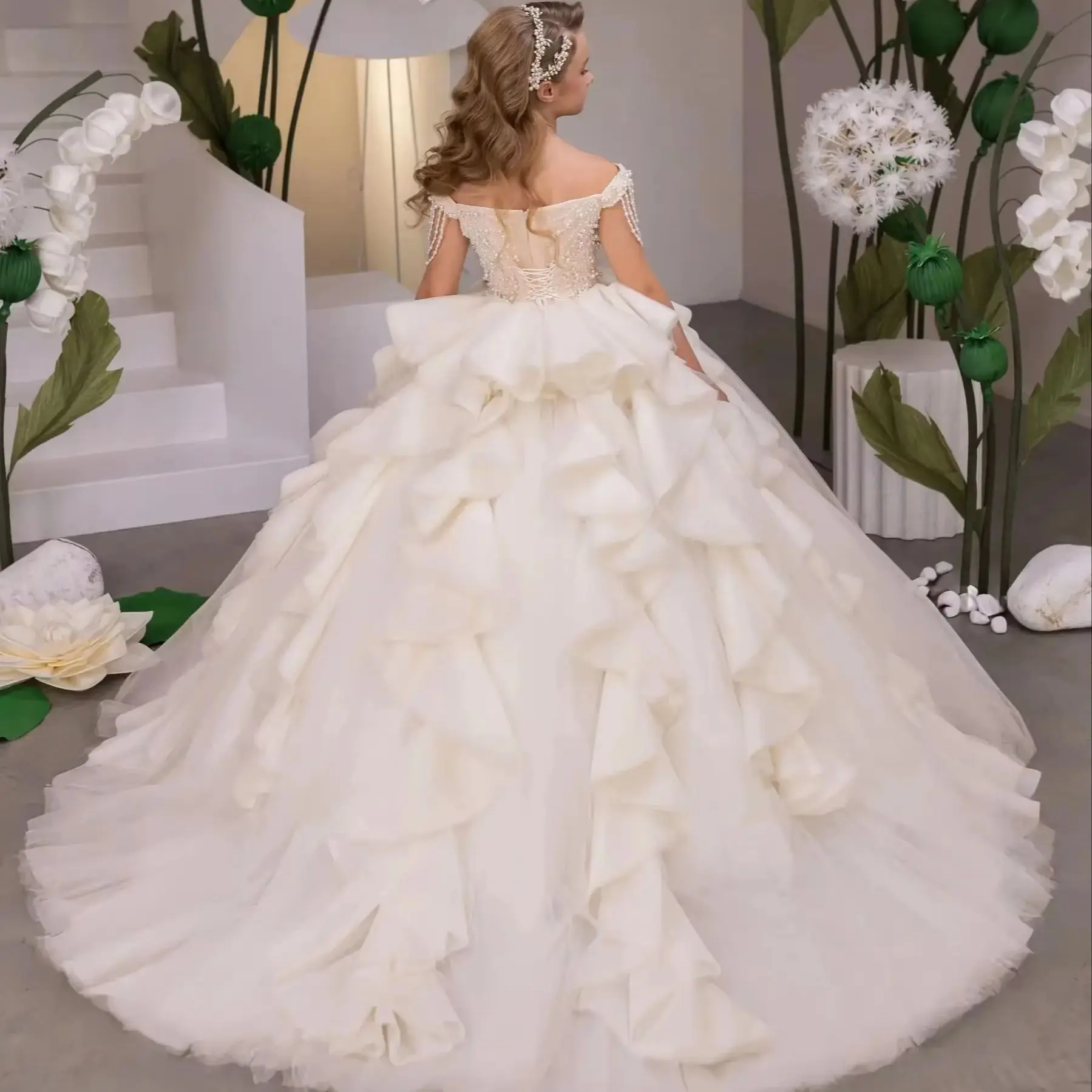 Cswdocy Elegant Pageant Flower Girl Dresses Appliques Litter Girls Birthday Party Gowns Wrap Baby First Communion Dresses 2027