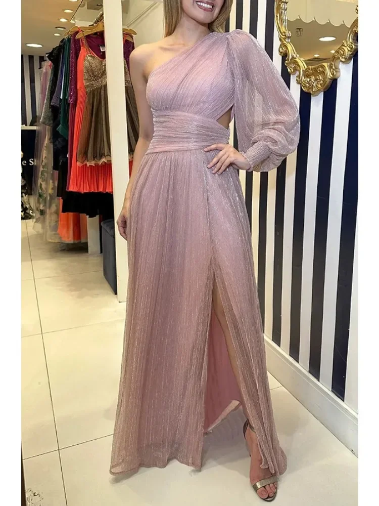 

Женское платье с разрезом на плечах, универсальное однотонное элегантное свободное Повседневное платье с разрезом на талии, весна-осень