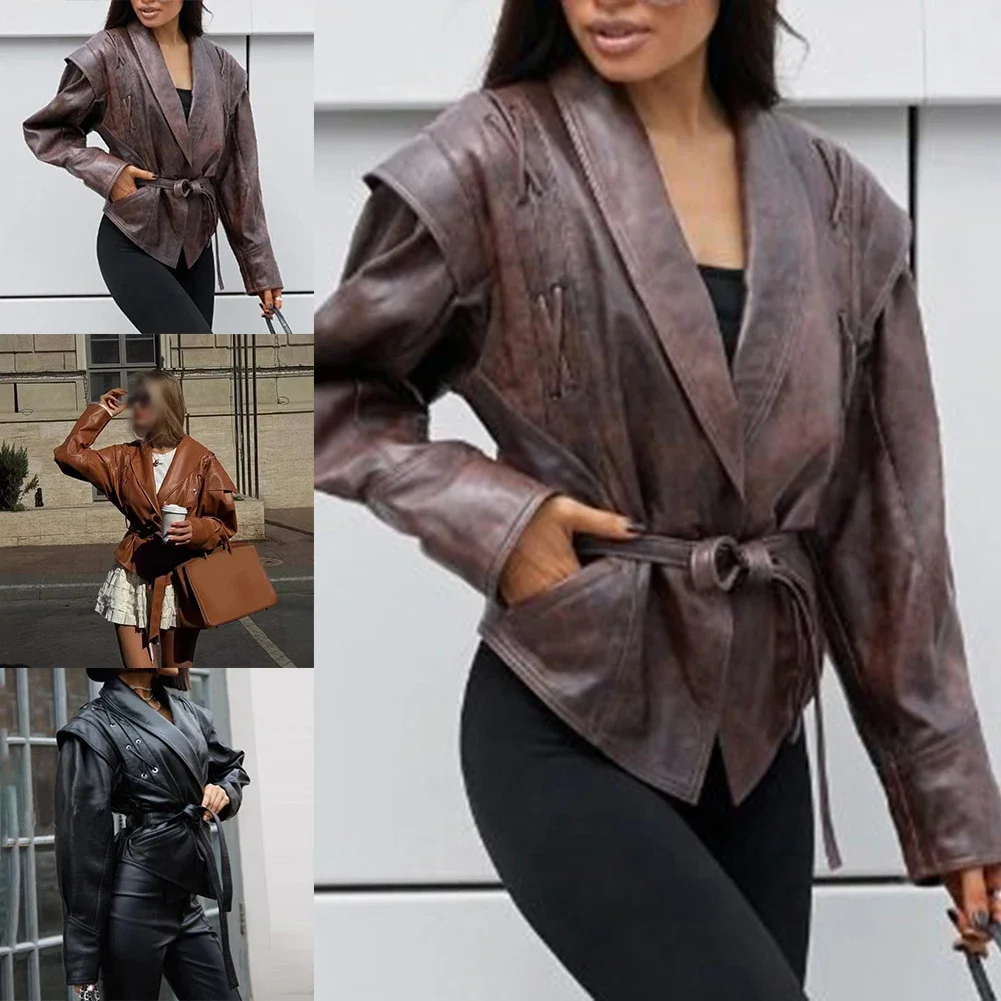 

Women Spring Autumn PU Leather Lapel Belt Lace Up Jacket Fashion Retro Turn Down Collar Vintage Motorcycle Coat
